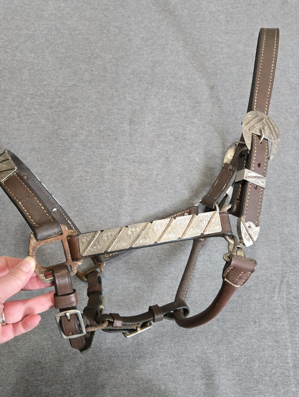 Vintage Western Full Size Leather Show Halter With Silver Overlay